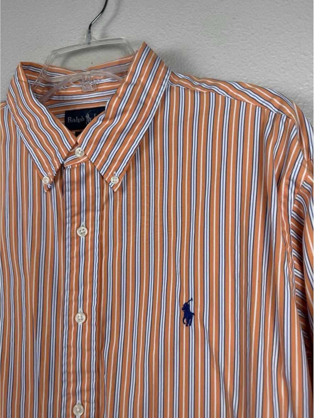 Ralph Lauren Custom Fit XXL Orange Blue Stripe Button Down Shirt Mens XXL